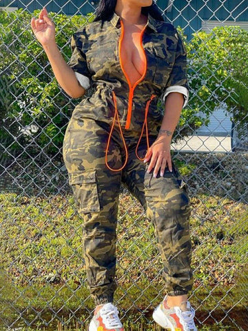Fashionable Camouflage Zipper Jumpsuit For Outdoor Activities