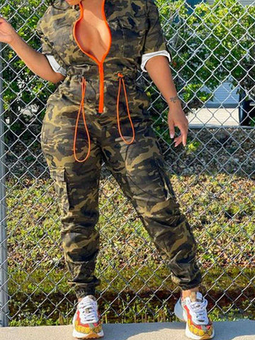 Fashionable Camouflage Zipper Jumpsuit For Outdoor Activities