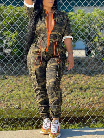 Fashionable Camouflage Zipper Jumpsuit For Outdoor Activities