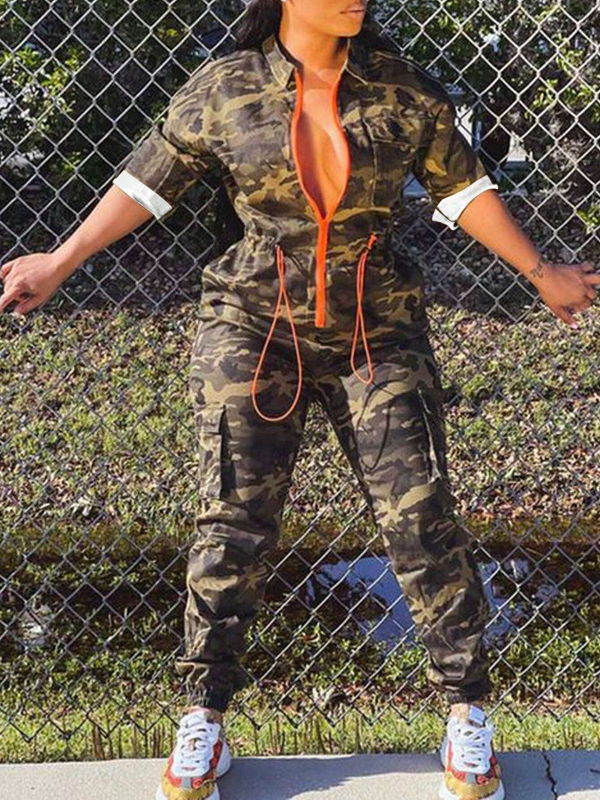 Fashionable Camouflage Zipper Jumpsuit For Outdoor Activities