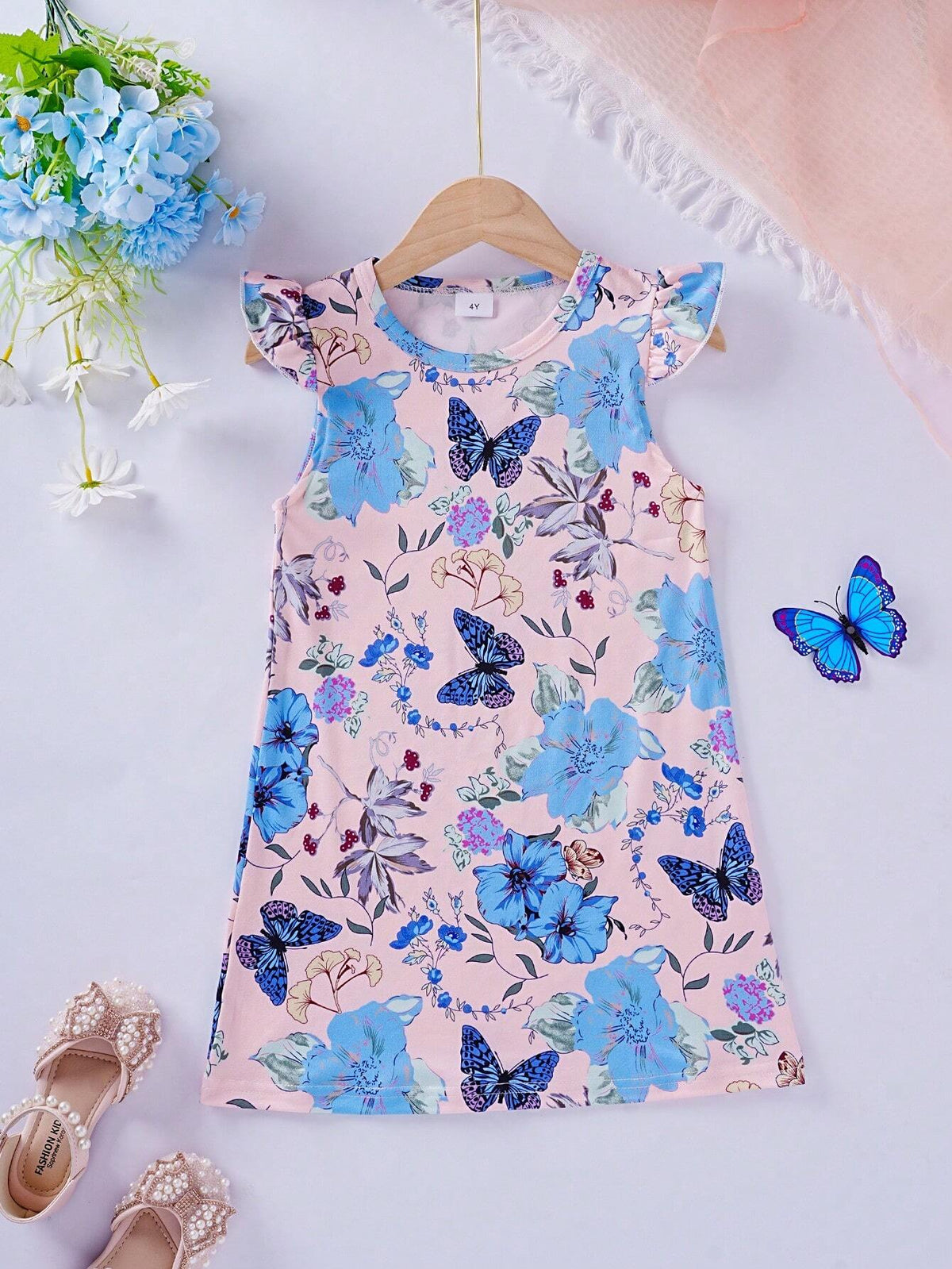 Fashionable Casual Butterfly & Flower Print Flare Sleeve Girls' Dress