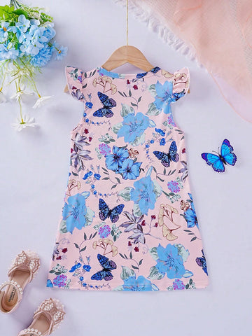 Fashionable Casual Butterfly & Flower Print Flare Sleeve Girls' Dress