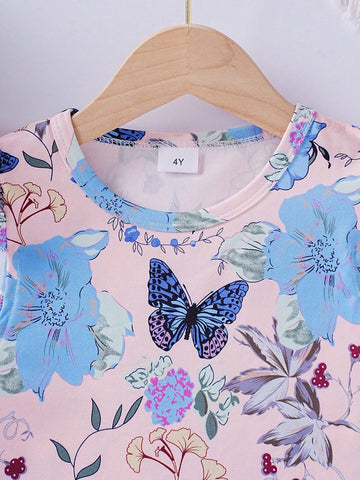 Fashionable Casual Butterfly & Flower Print Flare Sleeve Girls' Dress