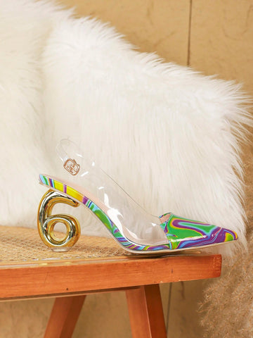 Fashionable Colorful Pointed Toe Simple Design Open Back Heeled Shoes, Elegant European Style
