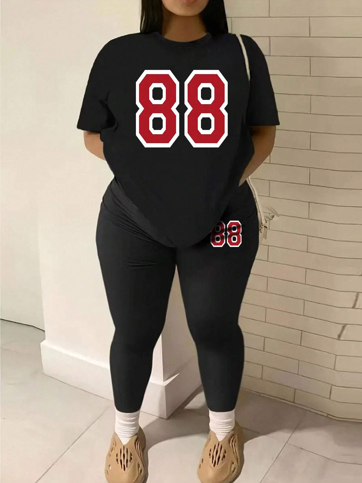 Fashionable Digital Print Casual Spring/Summer Short Sleeve Top And Leggings Set