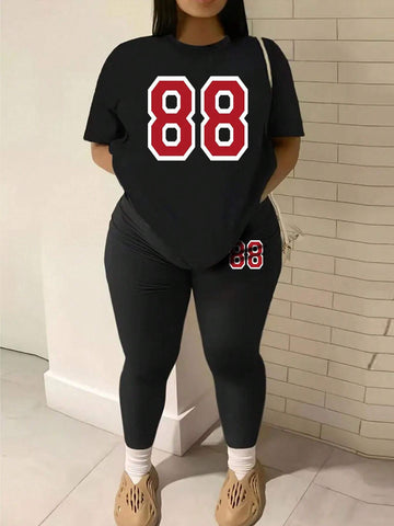 Fashionable Digital Print Casual Spring/Summer Short Sleeve Top And Leggings Set