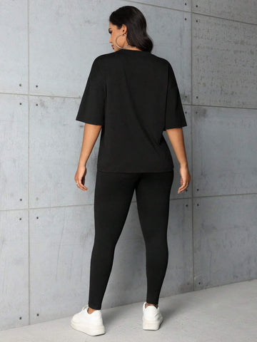 Fashionable Digital Print Casual Spring/Summer Short Sleeve Top And Leggings Set