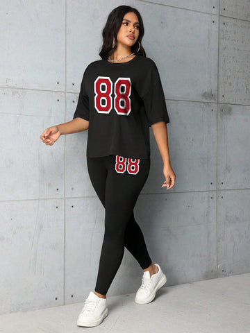 Fashionable Digital Print Casual Spring/Summer Short Sleeve Top And Leggings Set