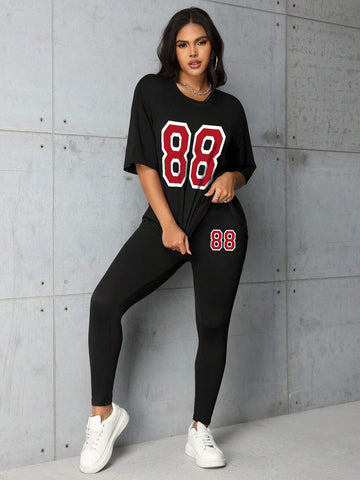 Fashionable Digital Print Casual Spring/Summer Short Sleeve Top And Leggings Set