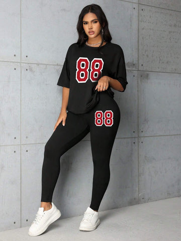 Fashionable Digital Print Casual Spring/Summer Short Sleeve Top And Leggings Set