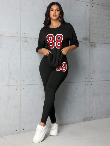 Fashionable Digital Print Casual Spring/Summer Short Sleeve Top And Leggings Set