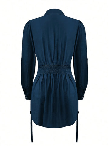 Fashionable Drawstring Button Front Long Sleeved Dress For Women In Spring, Summer, And Autumn, Comfortable And Loose Fit, Easy To Wear, Suitable For Daily Life And Outdoor Activities