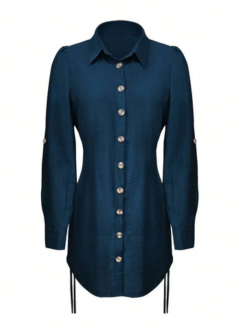 Fashionable Drawstring Button Front Long Sleeved Dress For Women In Spring, Summer, And Autumn, Comfortable And Loose Fit, Easy To Wear, Suitable For Daily Life And Outdoor Activities
