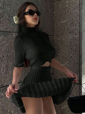 Fashionable, Elegant And Sexy Fitted Rib-Knit Mini Skirt & Short Sleeve Solid Color Outfit