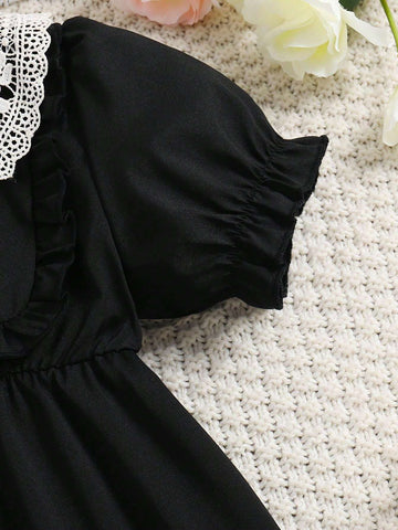 Fashionable Elegant Girls' Summer Holiday Embroidered Collar Short Sleeve Woven Dress With Ruffled Hem And Waist-Tie, Comfortable Soft Ladylike Dress For Little And Middle Girls