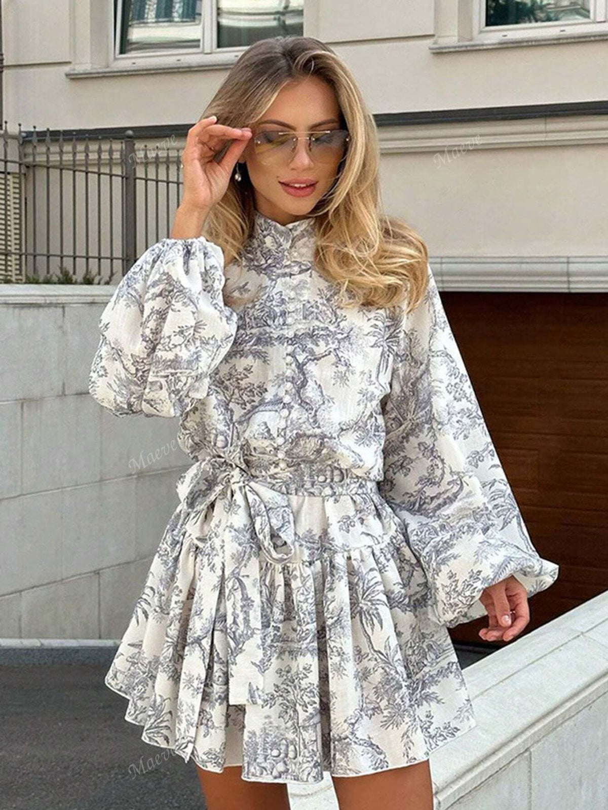 Fashionable Elegant Long Sleeve Tie Waist Floral Print Dress