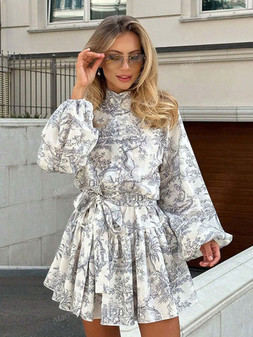 Fashionable Elegant Long Sleeve Tie Waist Floral Print Dress