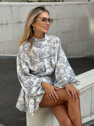 Fashionable Elegant Long Sleeve Tie Waist Floral Print Dress