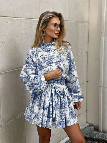 Fashionable Elegant Random Print Long Sleeve Tie Waist Loose Dress