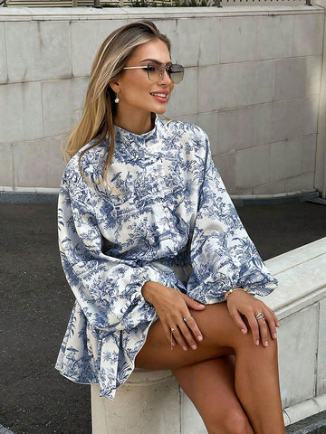 Fashionable Elegant Random Print Long Sleeve Tie Waist Loose Dress