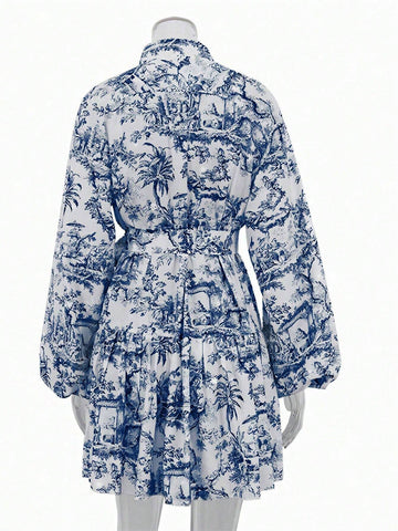 Fashionable Elegant Random Print Long Sleeve Tie Waist Loose Dress