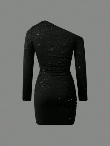 Fashionable Elegant Ruched Shoulder Long Sleeve Slimming Dress