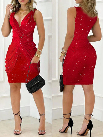 Fashionable Elegant Sequined Twist Waist Design V-Neck Sleeveless Fitted Women's Party Dress