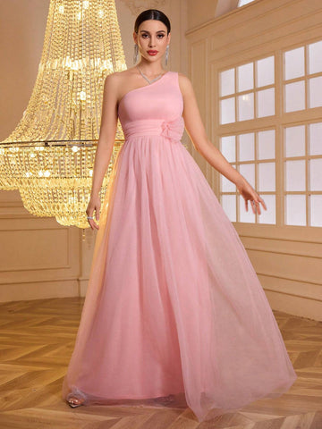 Fashionable Elegant Women Tulle One Shoulder Bridesmaid Dress
