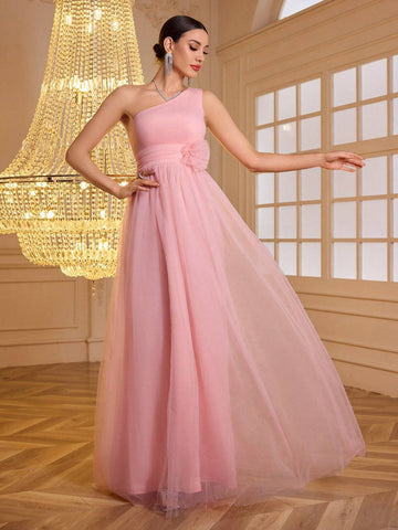 Fashionable Elegant Women Tulle One Shoulder Bridesmaid Dress