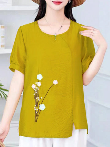 Fashionable Floral Pattern Summer Round Neck Casual Short Sleeve Shirt