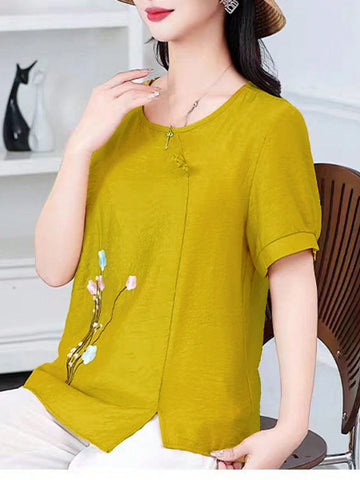 Fashionable Floral Pattern Summer Round Neck Casual Short Sleeve Shirt