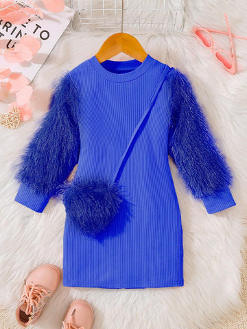 Fashionable Girls Blue Elegant Flare Sleeve Tassel Decor Fitted Dress, Suitable For Daily Wear, Spring/Autumn