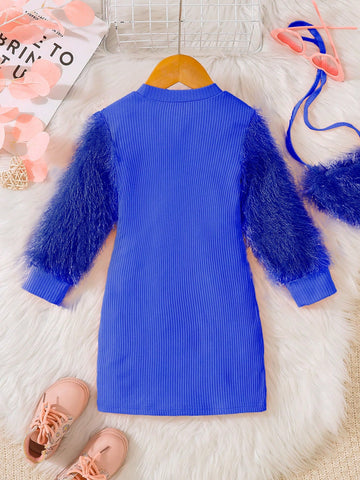 Fashionable Girls Blue Elegant Flare Sleeve Tassel Decor Fitted Dress, Suitable For Daily Wear, Spring/Autumn