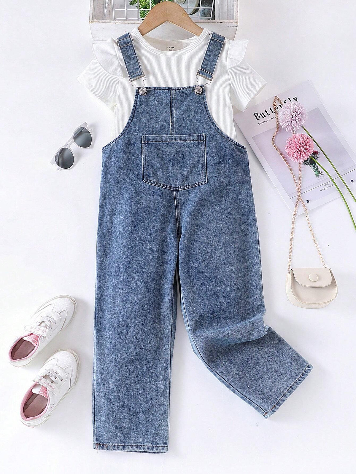 Fashionable Girls' Cap Sleeve Tee & Denim Overalls Two-Piece Set For Summer Outings