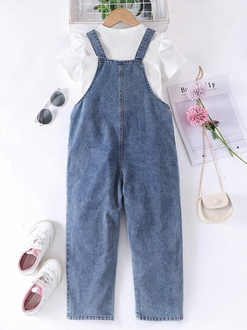 Fashionable Girls' Cap Sleeve Tee & Denim Overalls Two-Piece Set For Summer Outings