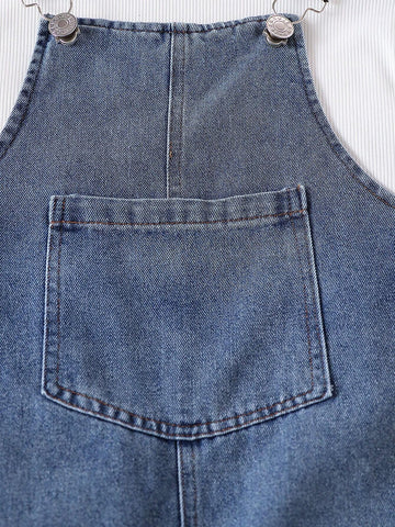 Fashionable Girls' Cap Sleeve Tee & Denim Overalls Two-Piece Set For Summer Outings