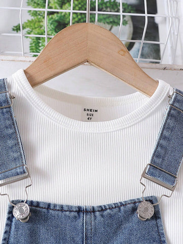 Fashionable Girls' Cap Sleeve Tee & Denim Overalls Two-Piece Set For Summer Outings