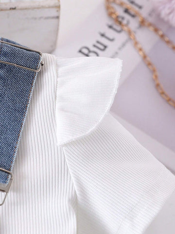 Fashionable Girls' Cap Sleeve Tee & Denim Overalls Two-Piece Set For Summer Outings