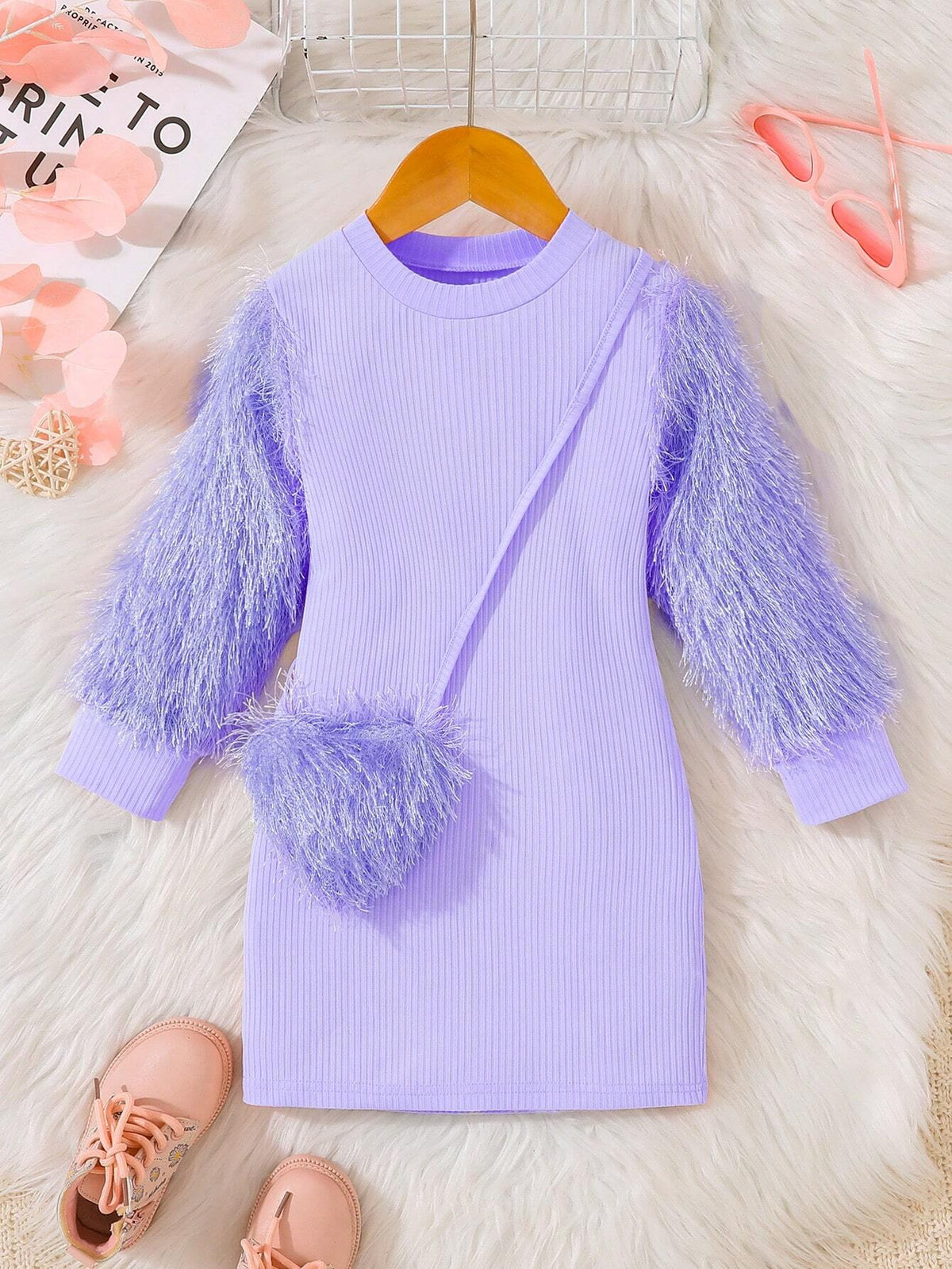 Fashionable Girls Purple Elegant Flare Sleeve Tassel Decor Fitted Dress, Suitable For Everyday Wear, Spring & Autumn