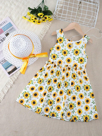Fashionable Girls' Sunflower Dress With Hat, 2pcs/Set, Suitable For Daily Wear In Summer