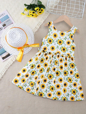 Fashionable Girls' Sunflower Dress With Hat, 2pcs/Set, Suitable For Daily Wear In Summer