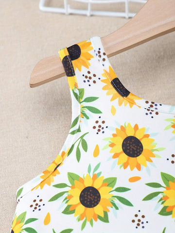 Fashionable Girls' Sunflower Dress With Hat, 2pcs/Set, Suitable For Daily Wear In Summer