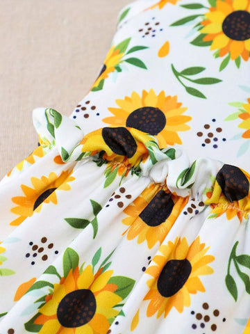 Fashionable Girls' Sunflower Dress With Hat, 2pcs/Set, Suitable For Daily Wear In Summer