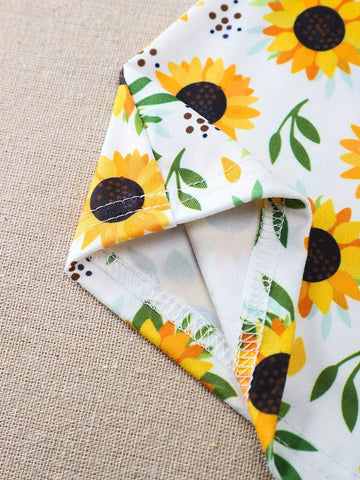 Fashionable Girls' Sunflower Dress With Hat, 2pcs/Set, Suitable For Daily Wear In Summer