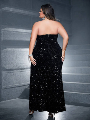 Fashionable Glitter Strapless Side Slit Maxi Dress