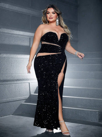 Fashionable Glitter Strapless Side Slit Maxi Dress