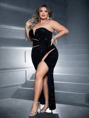 Fashionable Glitter Strapless Side Slit Maxi Dress