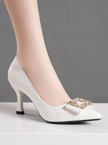 Fashionable High Heel Single Shoes With Pointed Toe And Thin Heel Decorated With Rhinestones