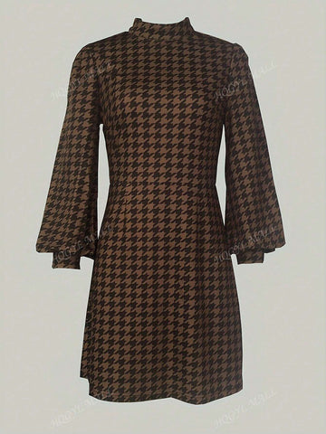 Fashionable Houndstooth Print Mock Neck Lantern Sleeve Dress