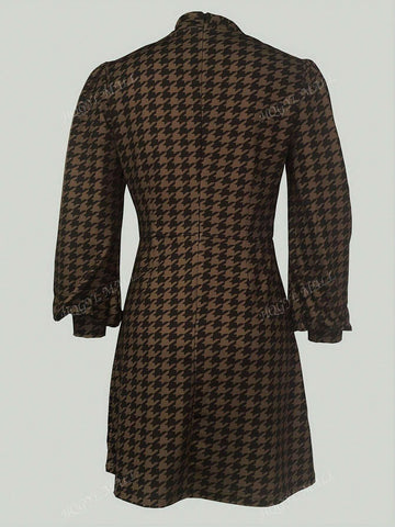 Fashionable Houndstooth Print Mock Neck Lantern Sleeve Dress